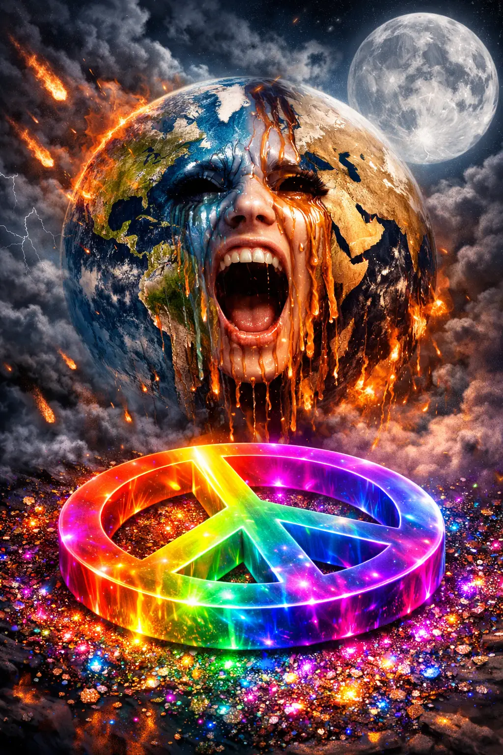 Surreal Melting Female Face Merged With Earth In Gloomy Sky