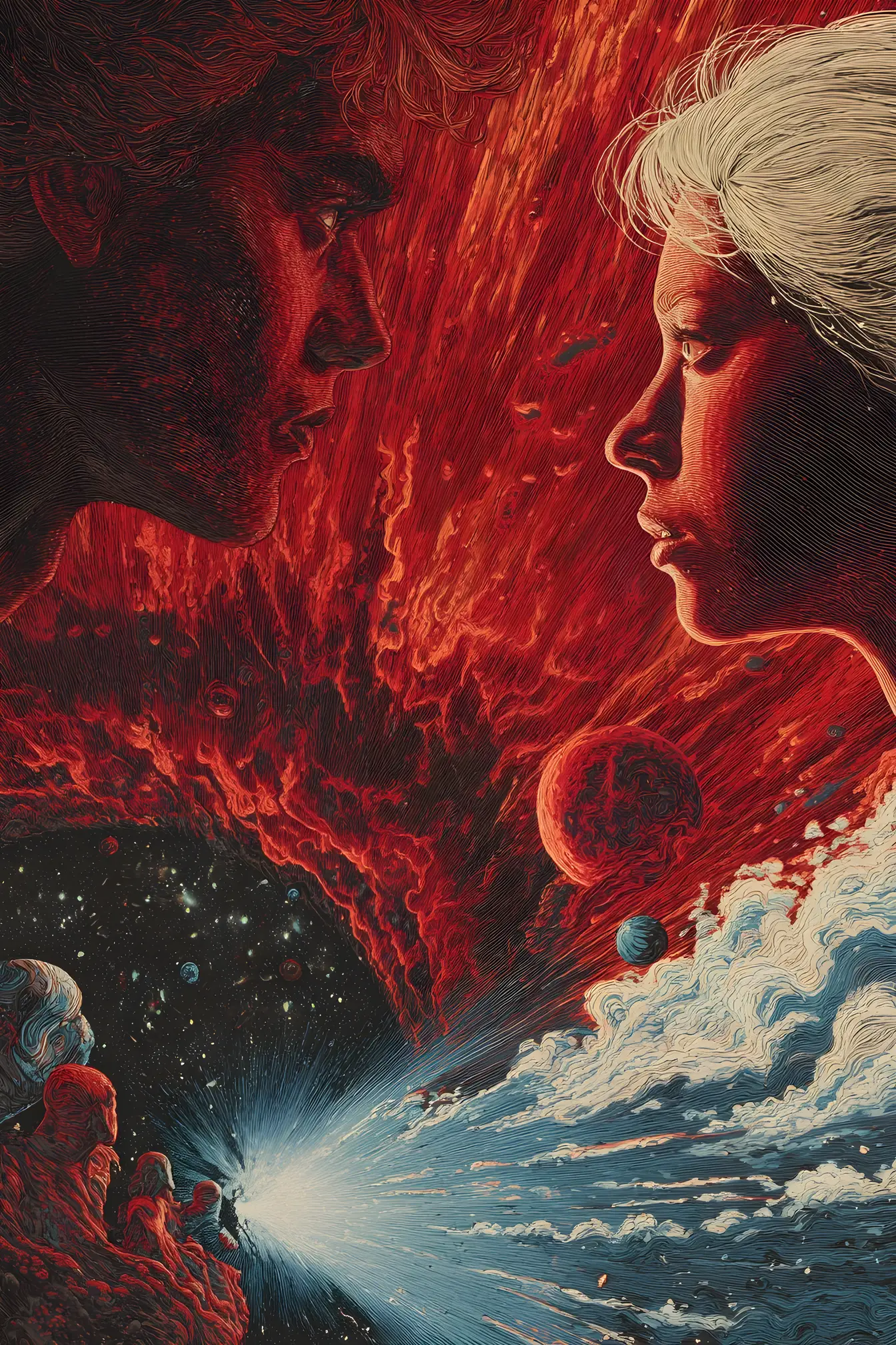 Surreal man and woman colliding between three cosmic pillars