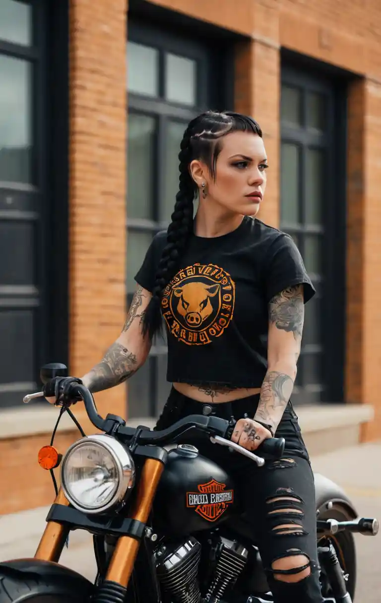 Tattooed biker woman riding a black motorcycle in city