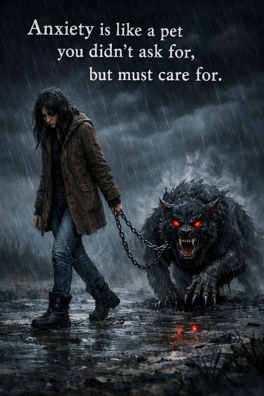 Woman walking in rain with monster on a leash
