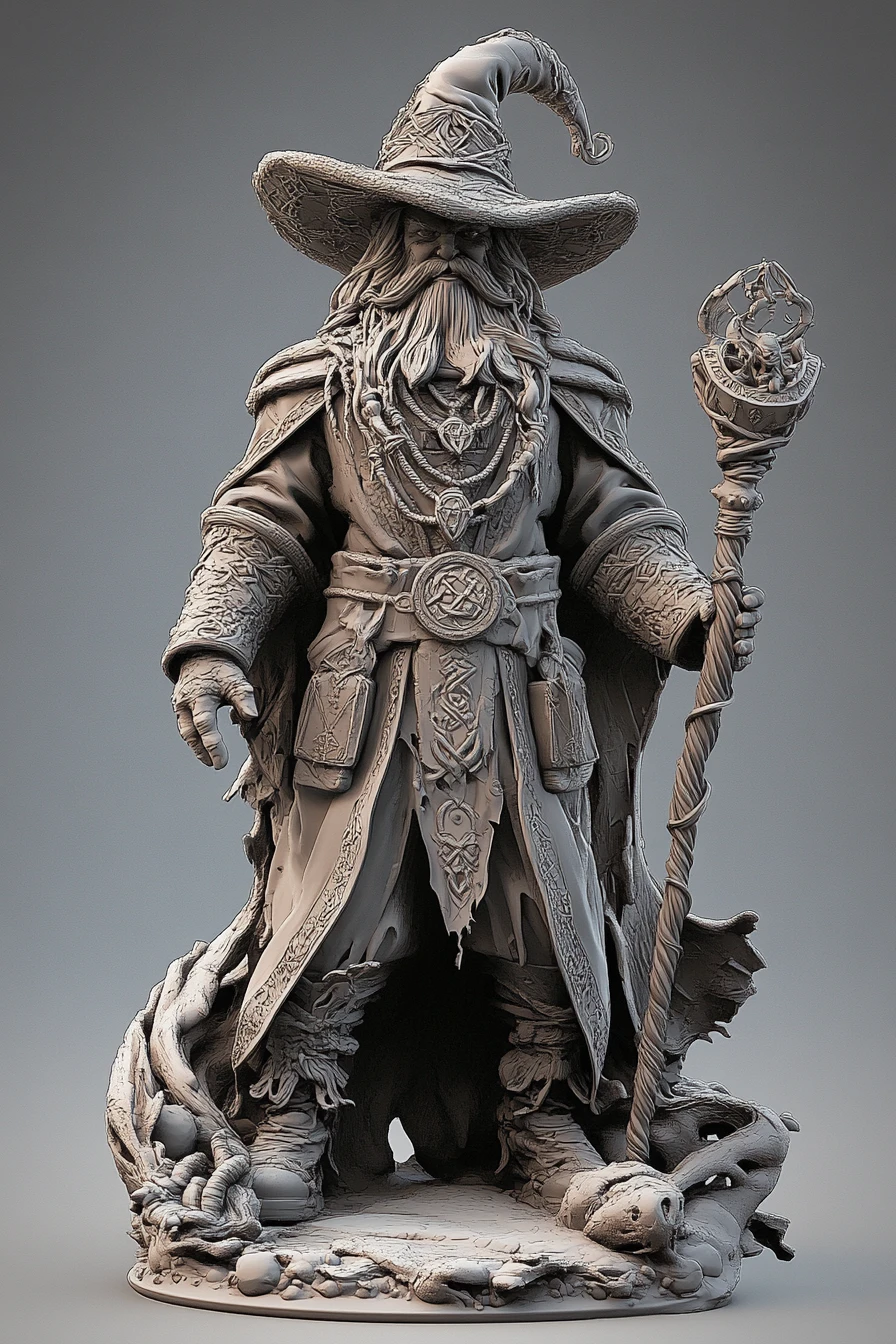 3Dのおちゃめな背の高い魔法使い（アミュレットと杖付き）