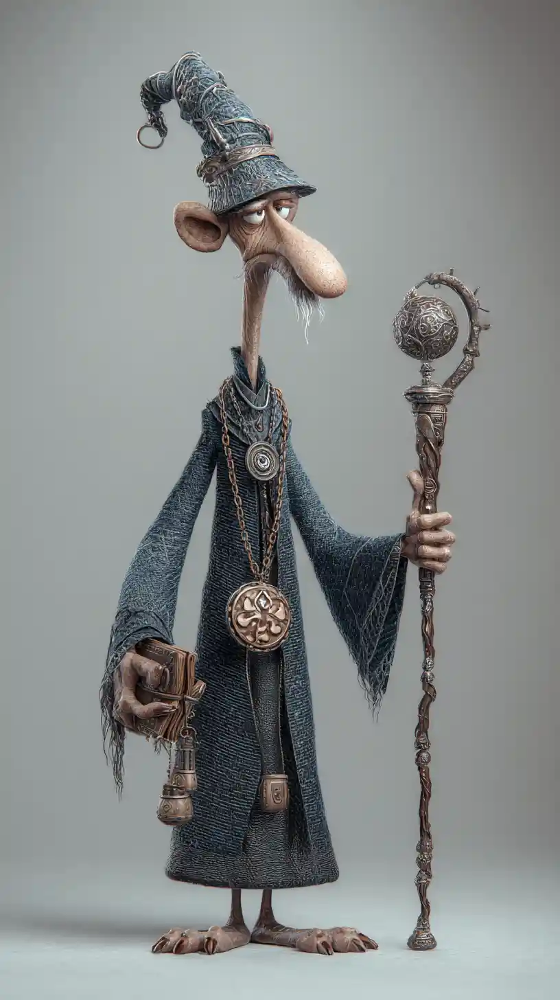 Goofy Tall Wizard In Robes With Staff And Amulet