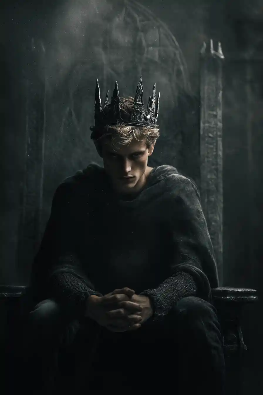 Solitario re medieval su un trono di ossidiana al chiaro di luna