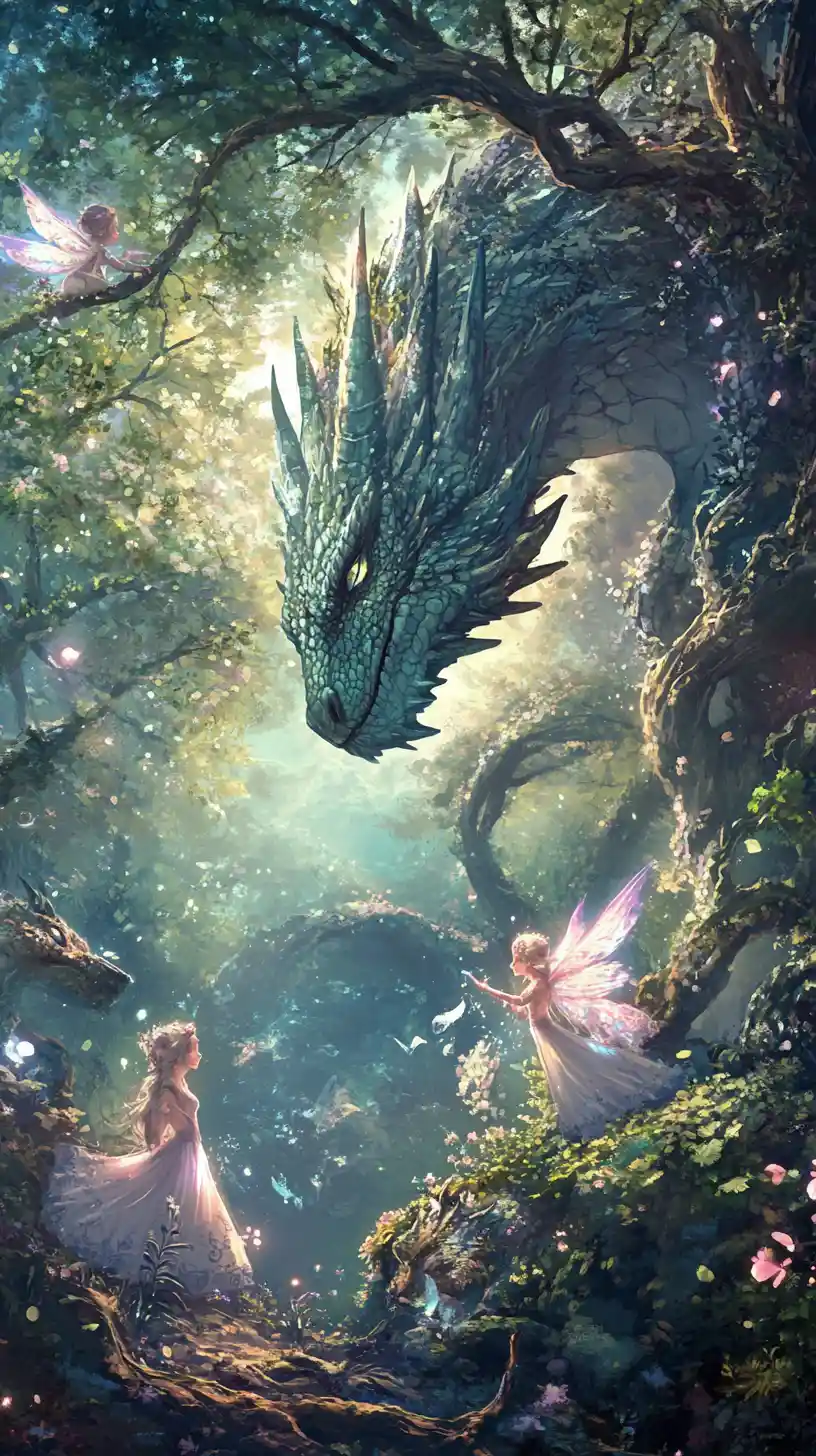 Drago maestoso in una foresta magica con piccole fate