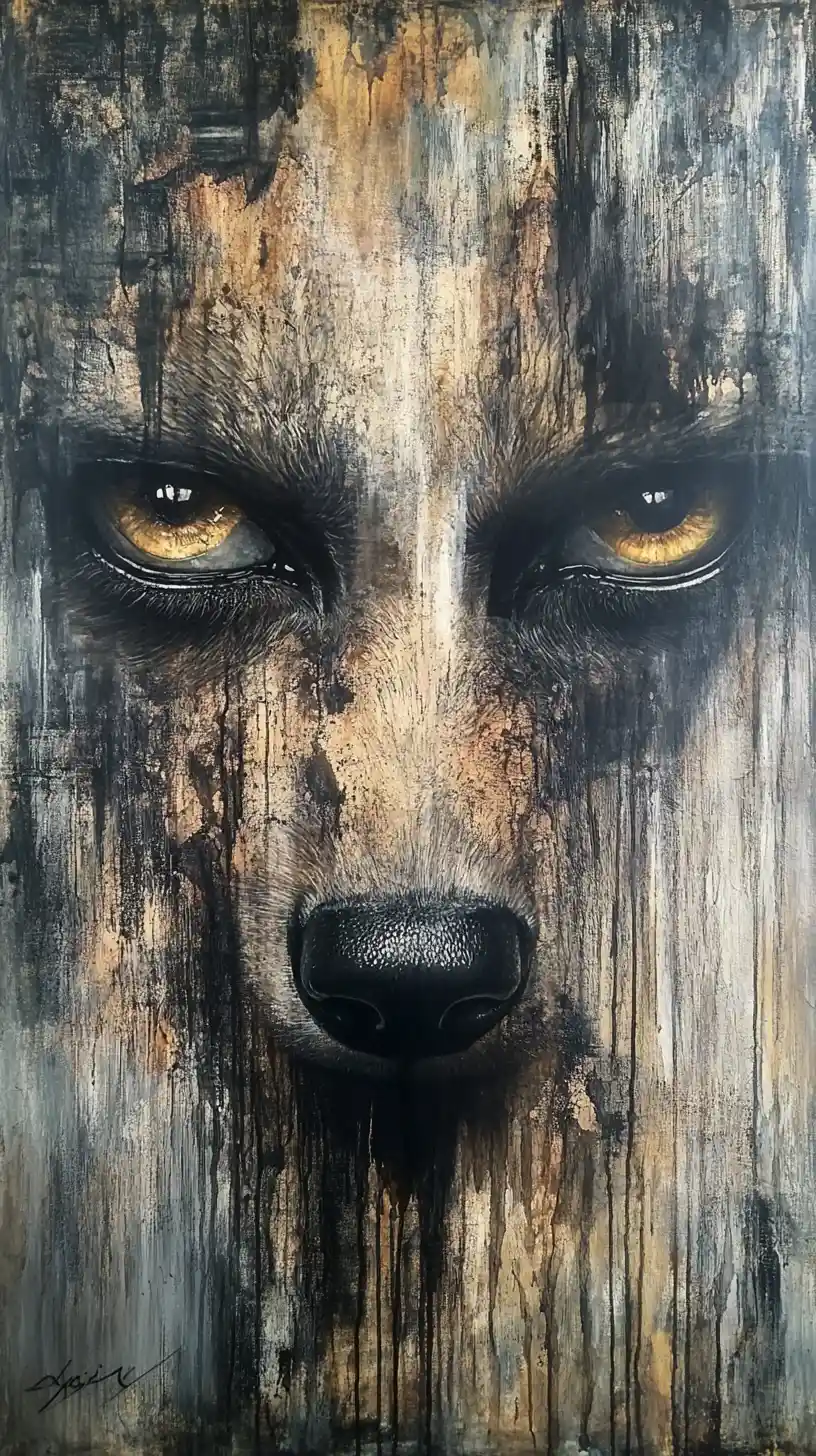 Abstract close up wolf with large reflective eyes