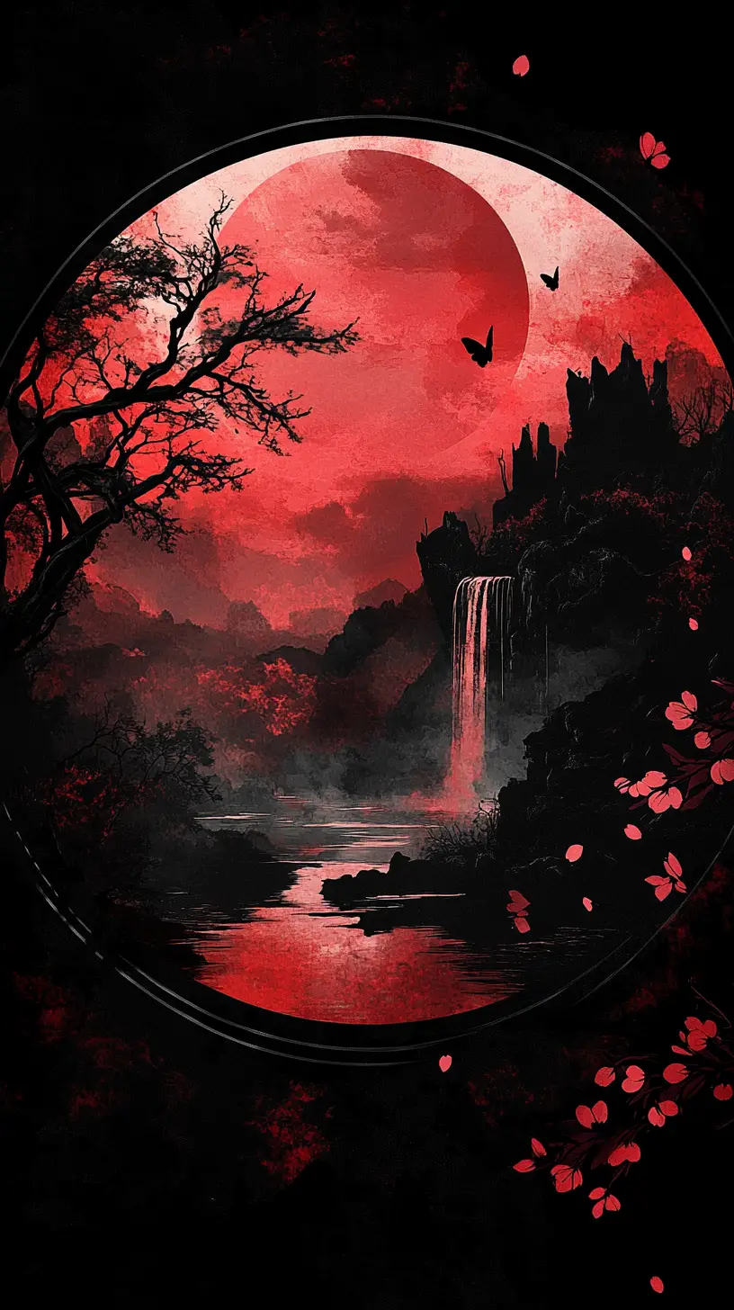 Dark fantasy landscape within circular ink brush frame