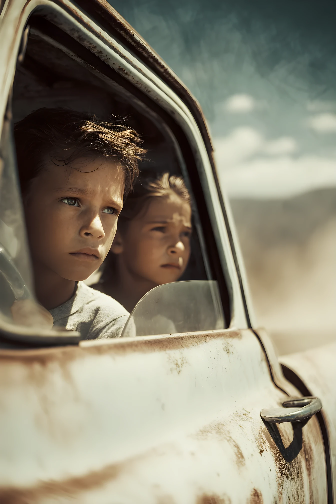Two kids driving a vintage car on a desert road