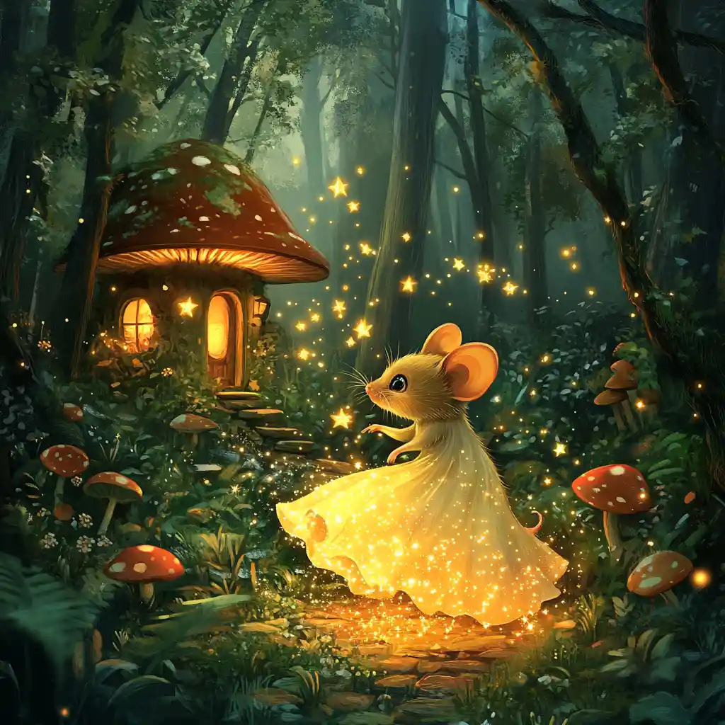 Cute mouse catching golden stars in a magical forest