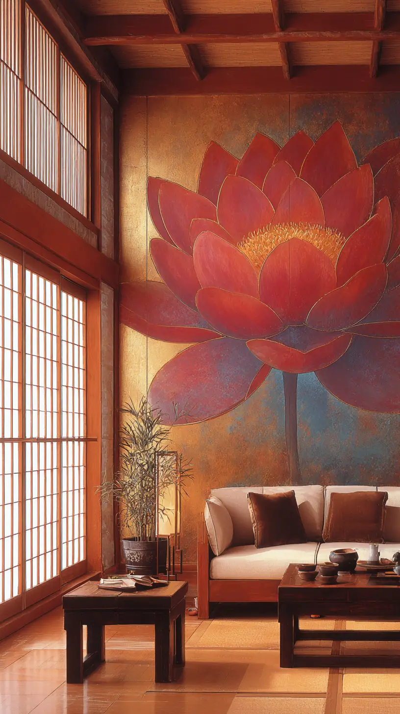 Serene Japanese Room With Large Lotus Wall Painting