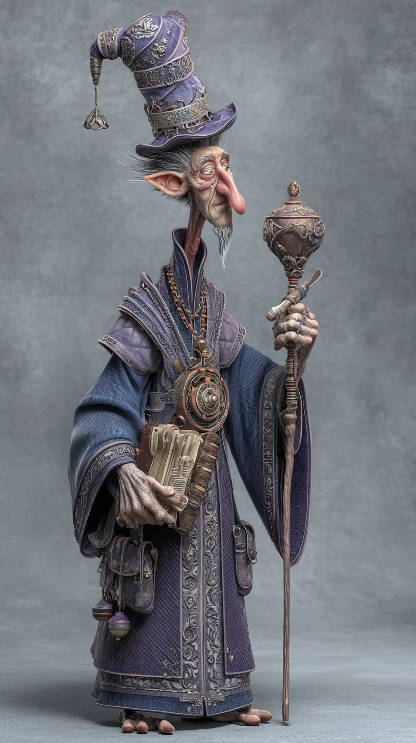 Tall goofy wizard in detailed 3d fantasy style