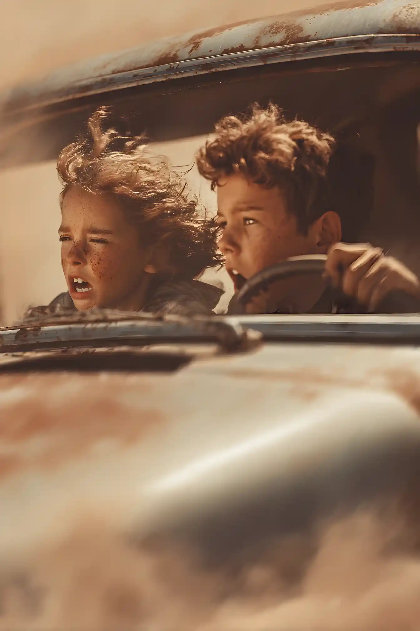 Children Driving Vintage Car On Desert Road Escape Scene