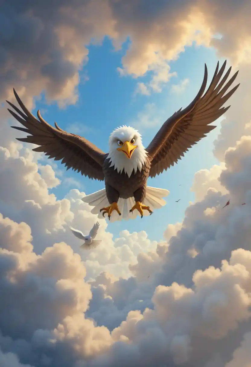 3D cartoon eagle chasing a white dove in dark sky