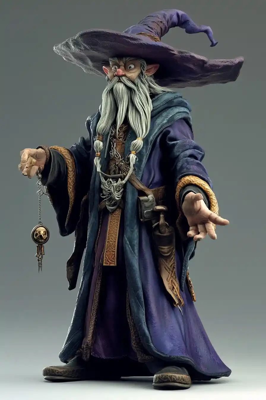 Tall goofy wizard in detailed 3D fantasy style