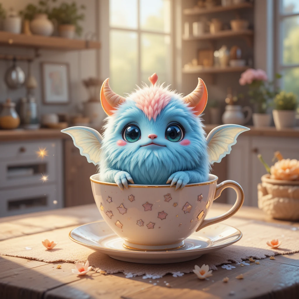 Cute fluffy monster in a teacup in a cozy kitchen
