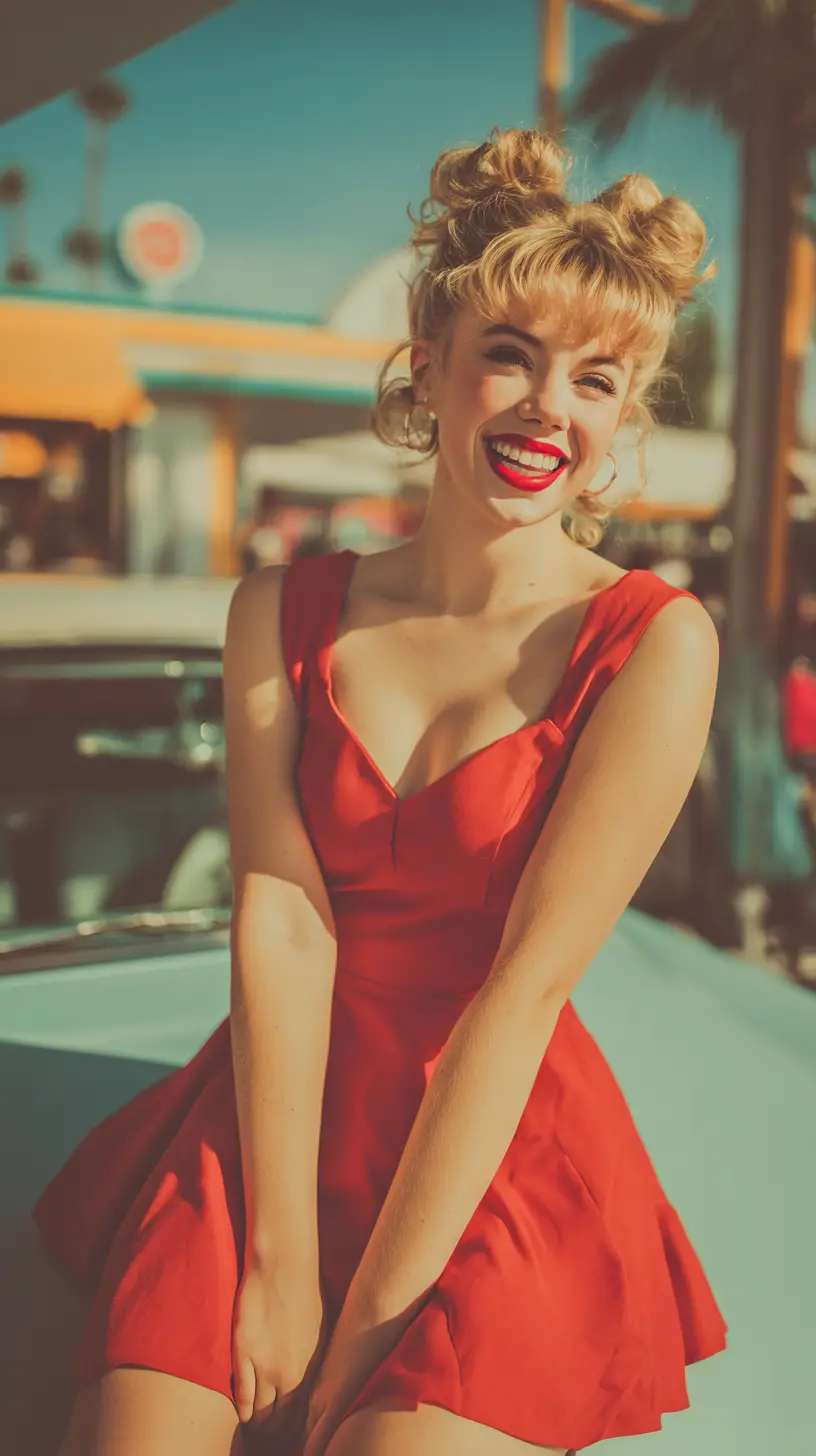 Young woman in red dress on vintage car at diner