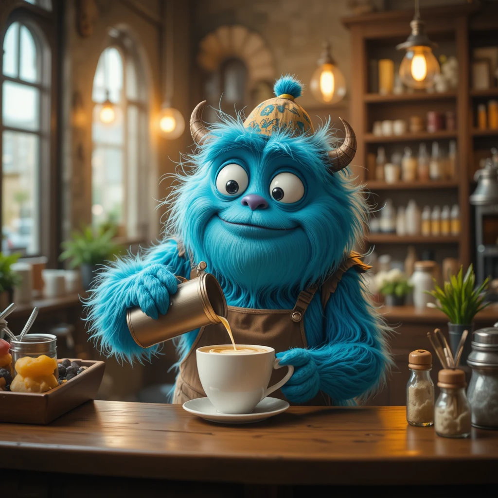 Tierno monstruo barista sirviendo latte art en una cafetería acogedora
