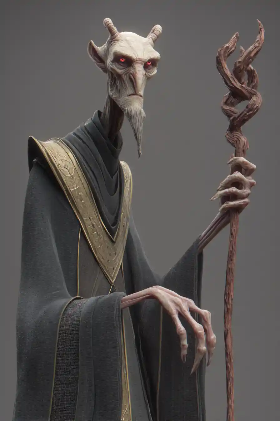 Sinister 3D wizard with red eyes and clawed hands