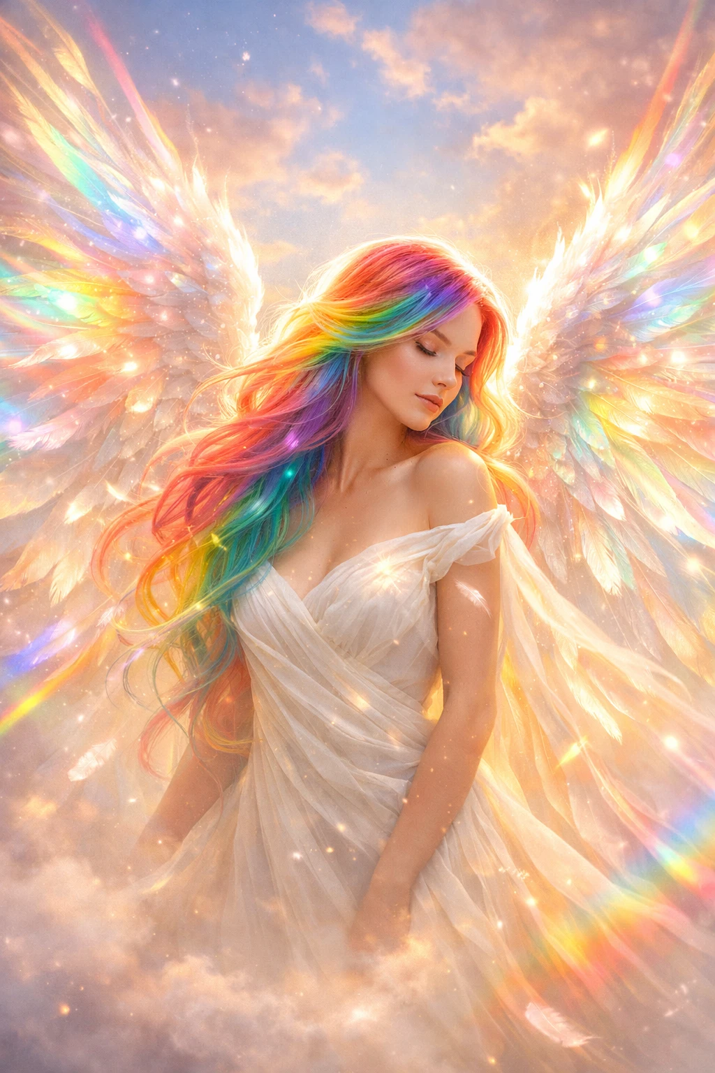 Angel With Rainbow Wings Bursting Into Radiant Light