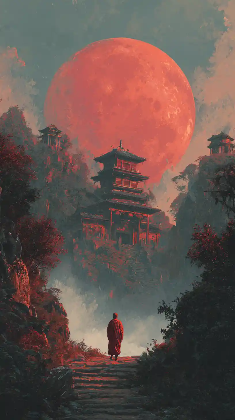 Monje asiático frente a un templo bajo la luna roja