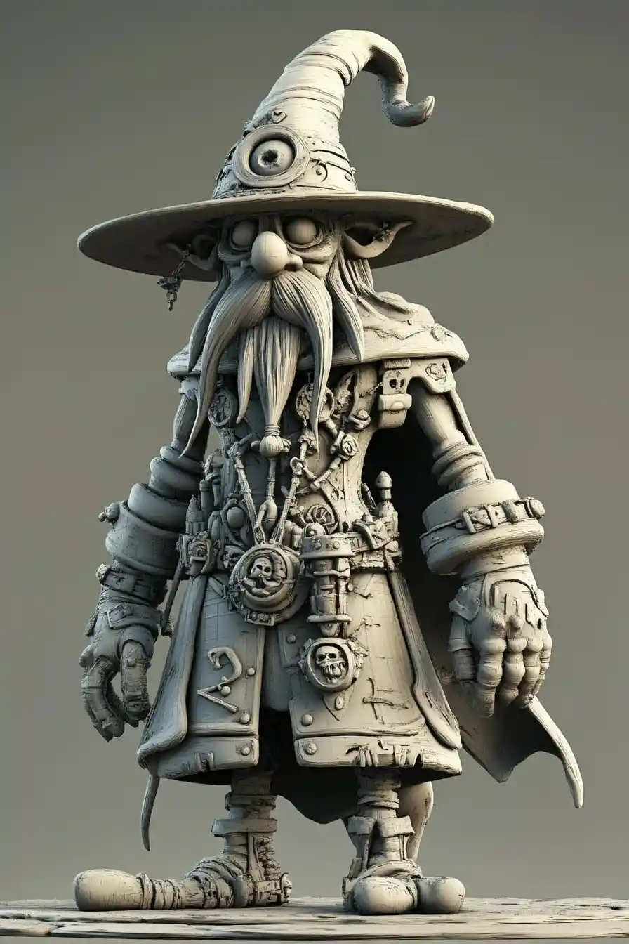Tall goofy wizard in ornate gown and magic staff