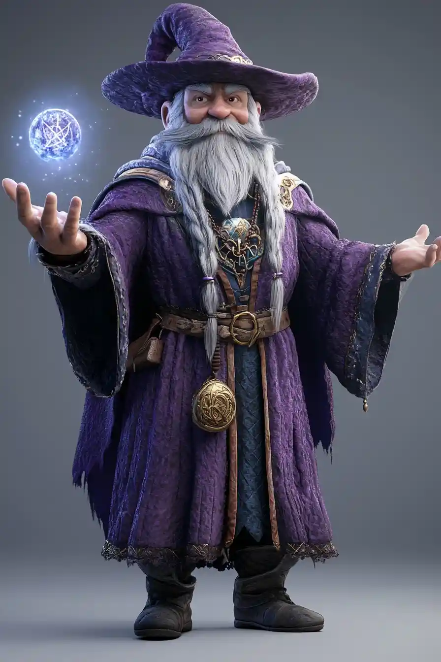 Alto mago buffo in un’illustrazione fantasy 3D dettagliata