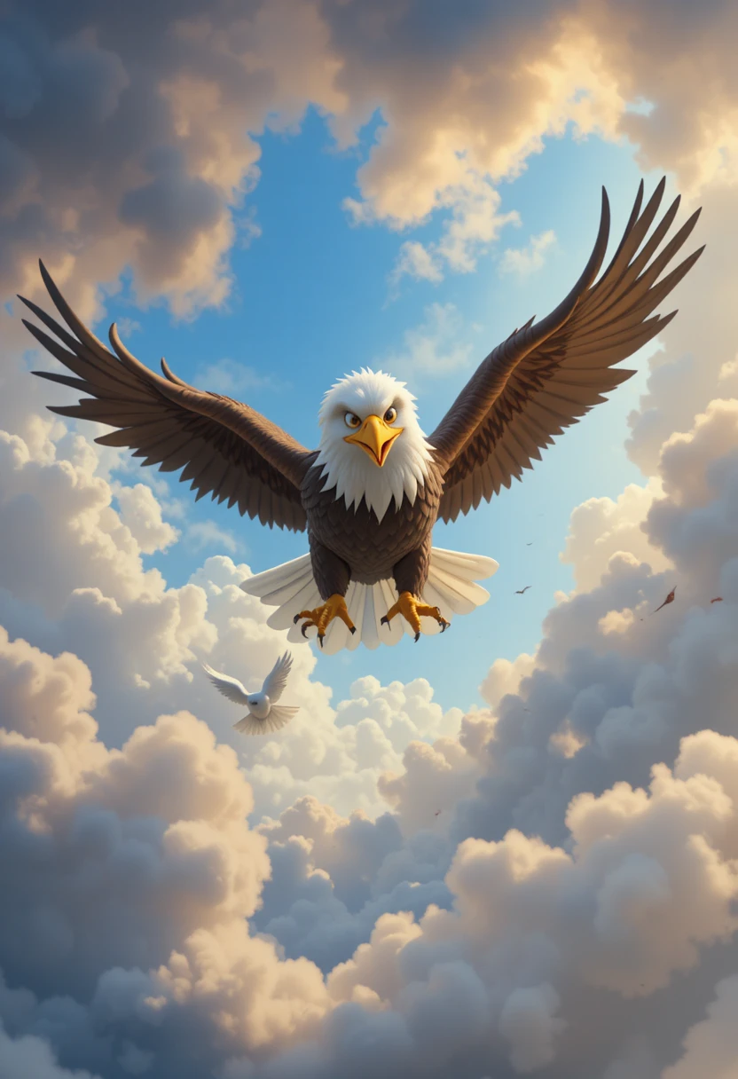 3D cartoon eagle chasing a white dove in dark sky