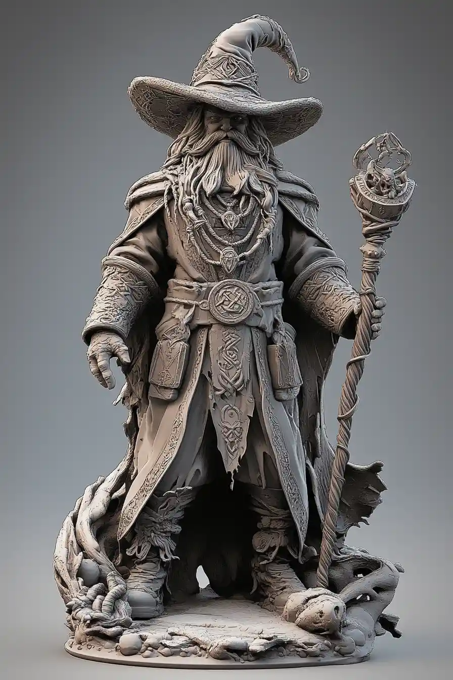 Goofy tall wizard in 3D with amulet and staff