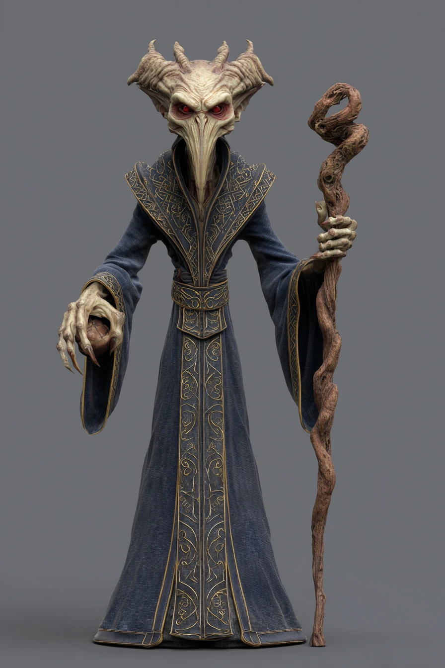 Sinister 3D wizard with claws and twisted wooden staff
