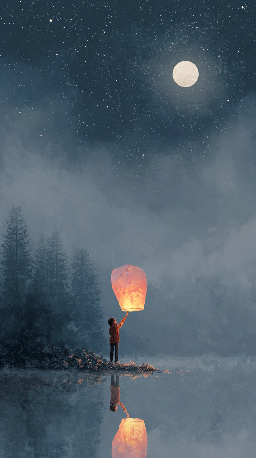 Lantern released over a moonlit lake with misty trees