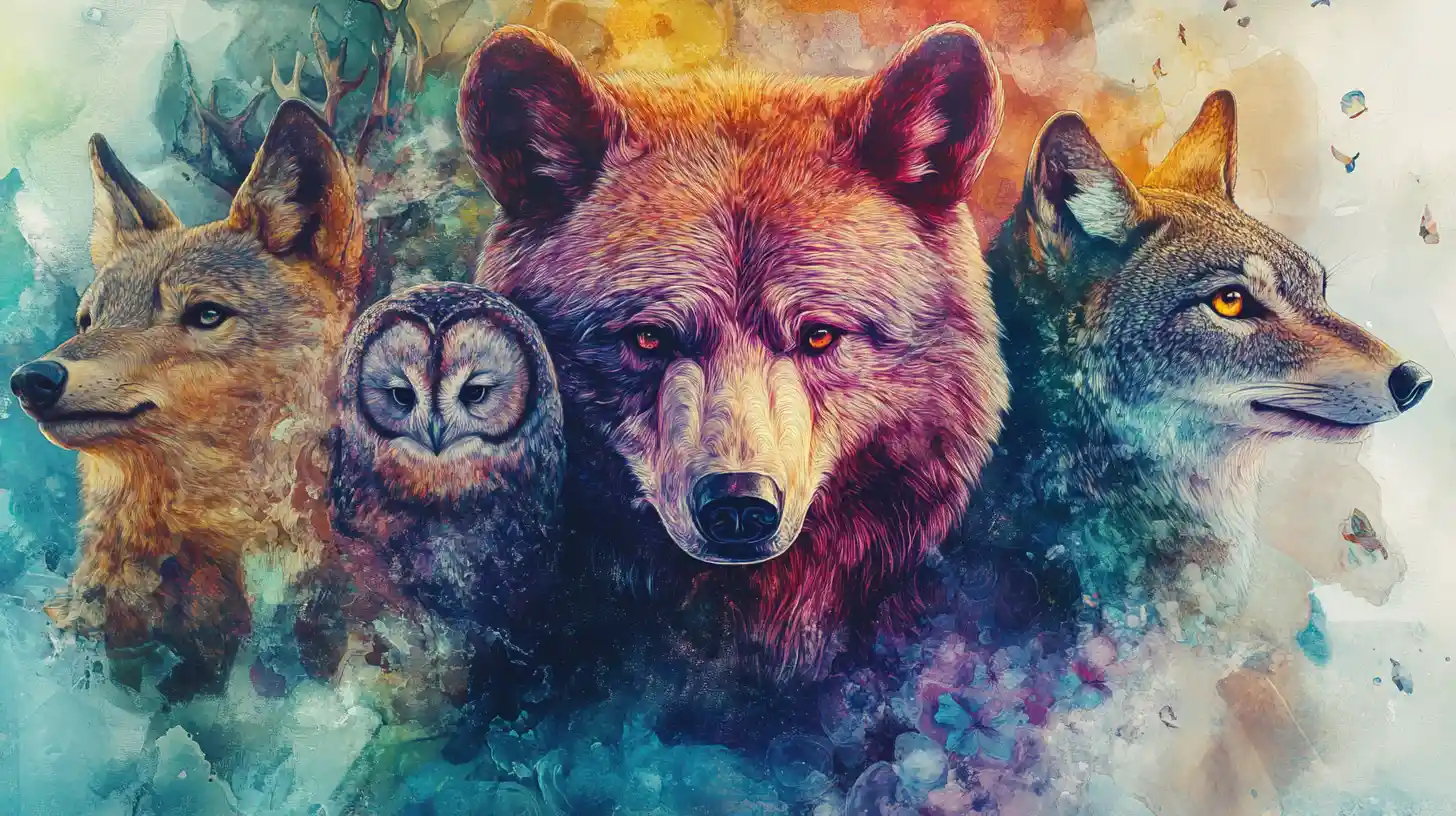 Double exposure wildlife painting with bear wolf owl and deer