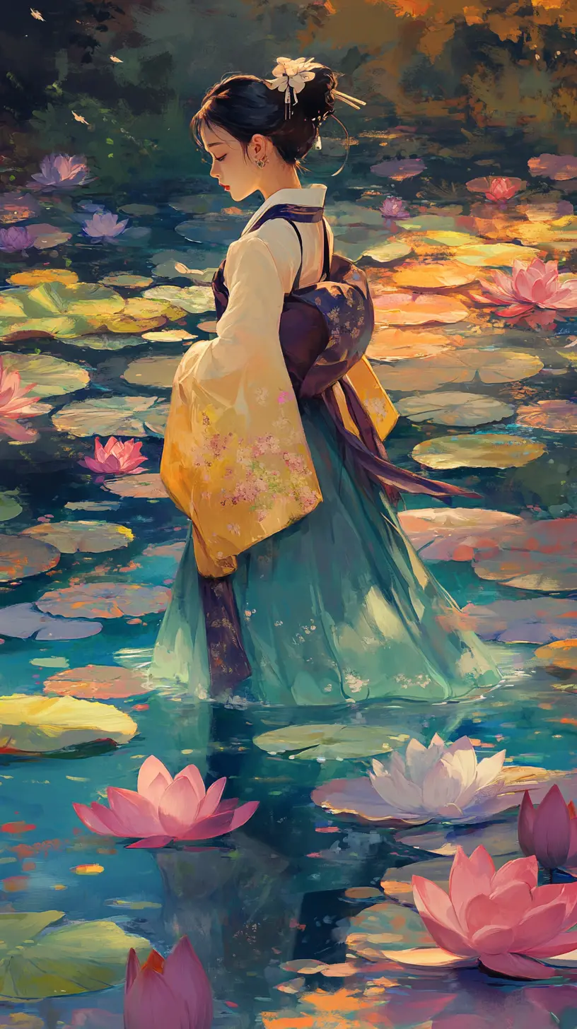 Young woman in Korean hanbok walking through lotus pond