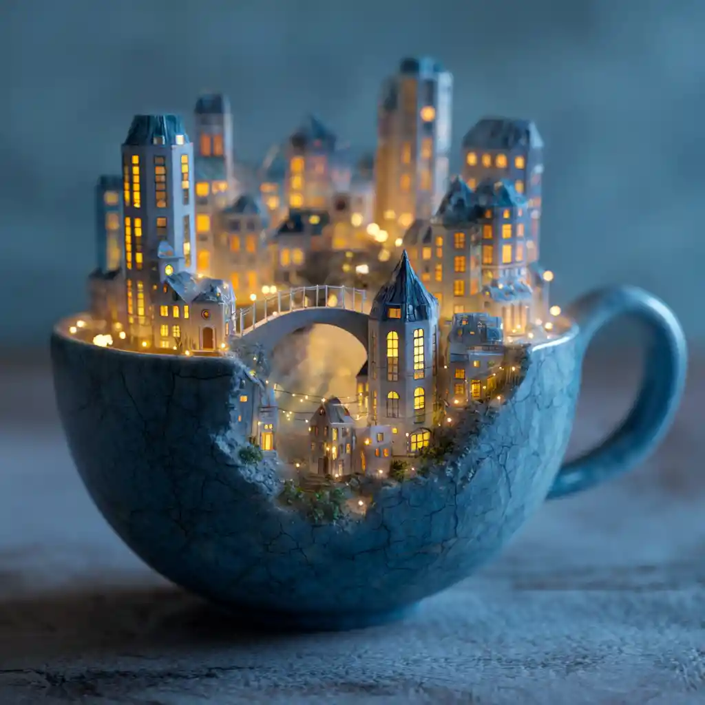 Bioluminescent Miniature City Inside A Cracked Teacup