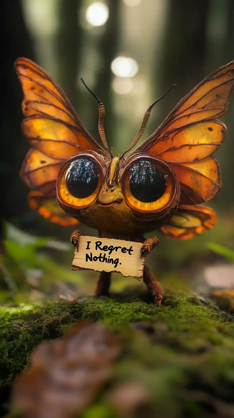 Whimsical butterfly creature with protest sign in forest
