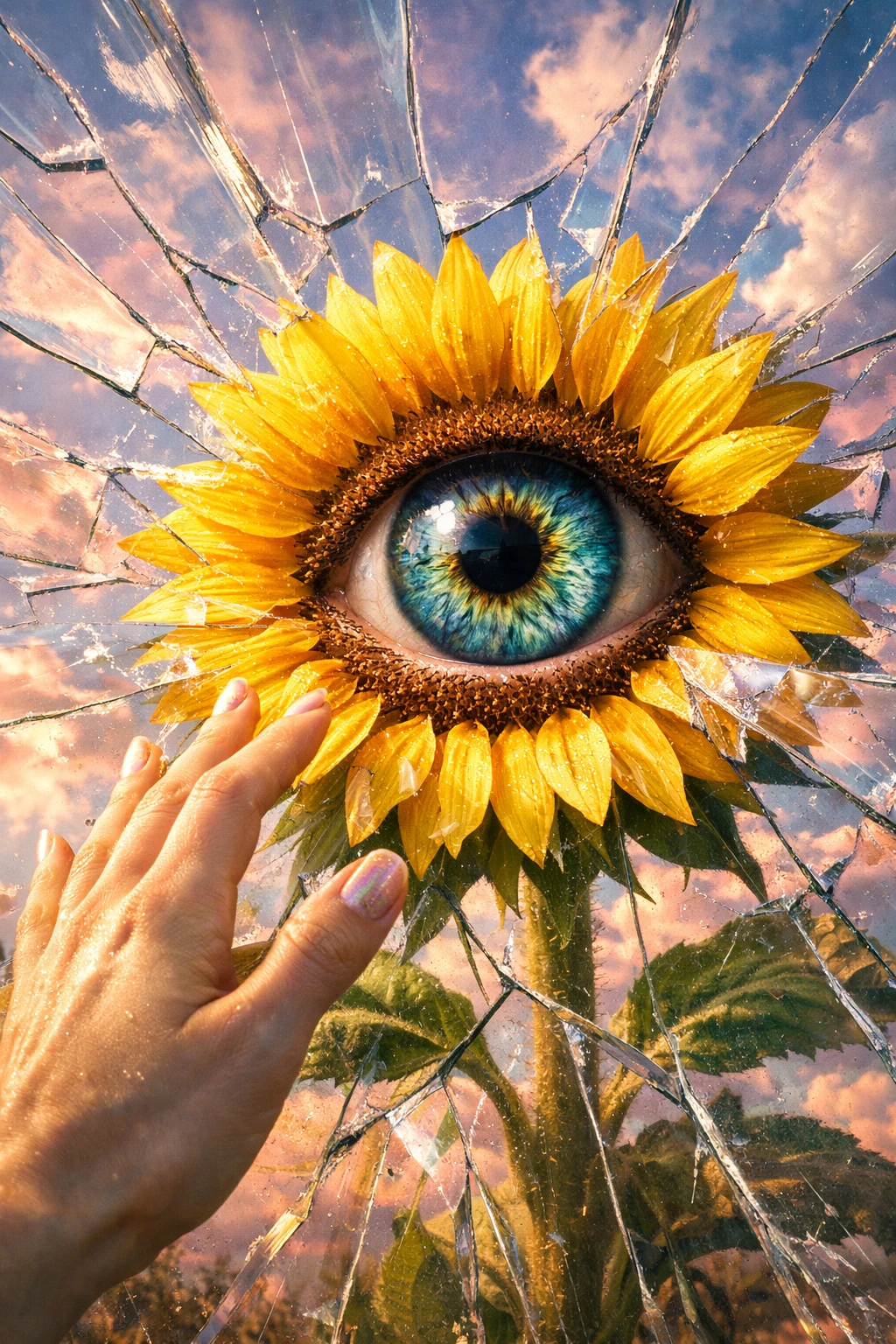 Surreal sunflower eye with reaching hand and shattered glass