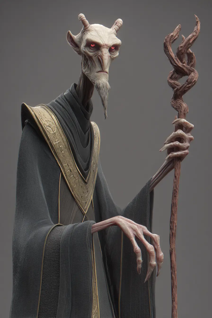 Sinister 3D wizard with red eyes and clawed hands
