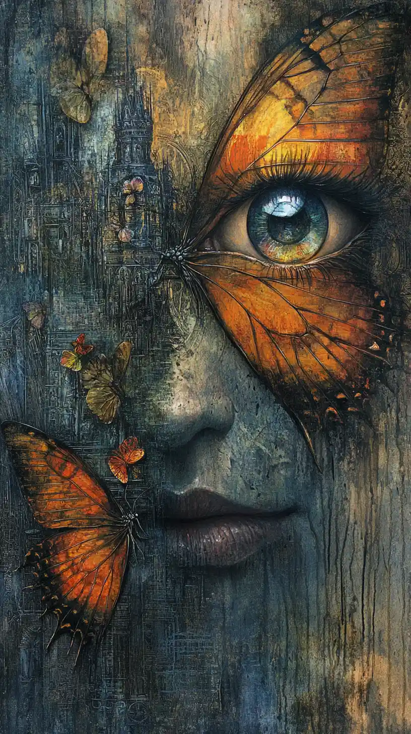 Surreale Mixed-Media-Malerei eines lebendigen Schmetterlingsgesichts
