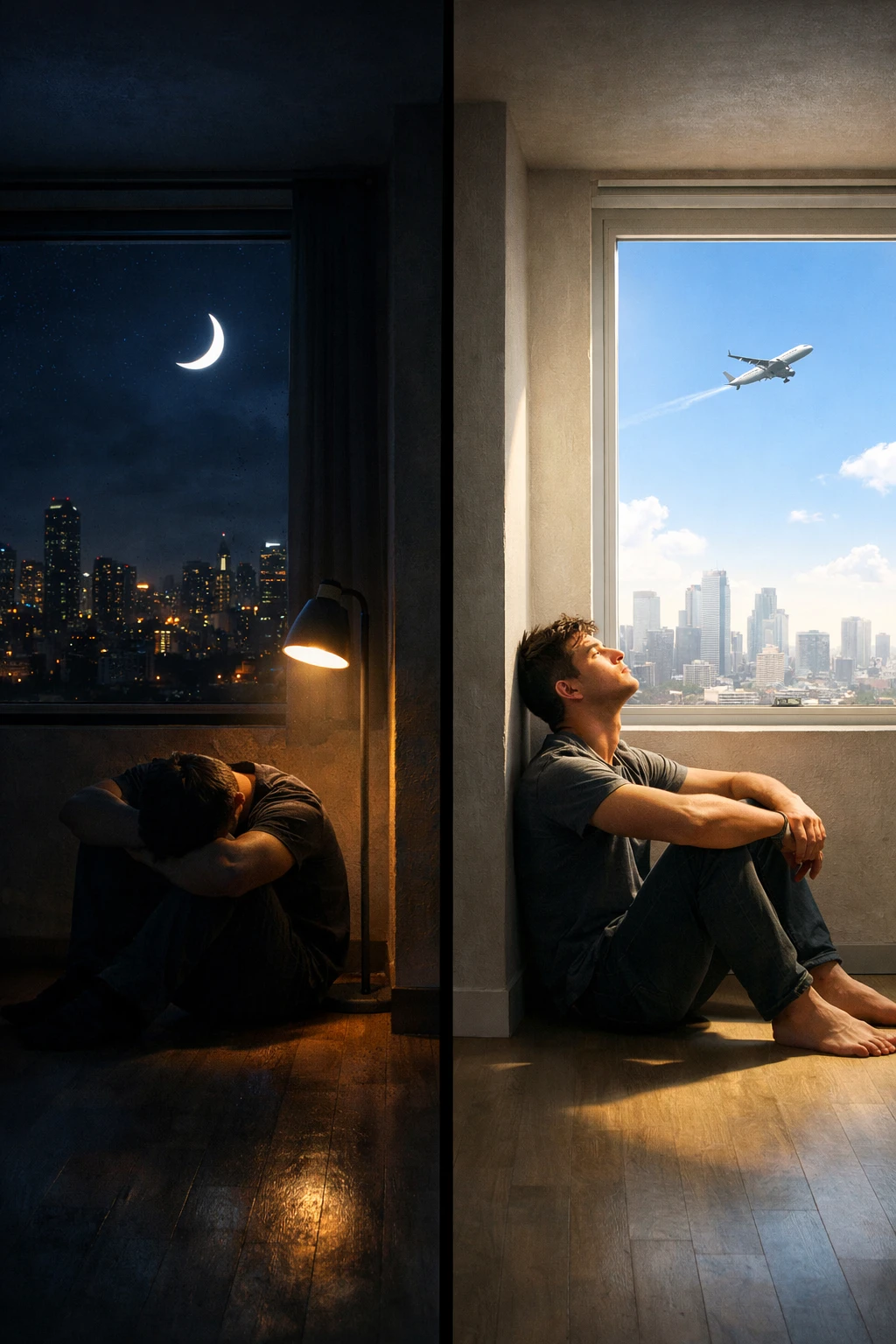 Tela dividida cinematográfica de um homem em dois quartos idênticos