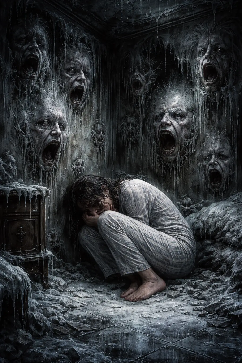 Girl in pajamas curled in a frozen gothic room