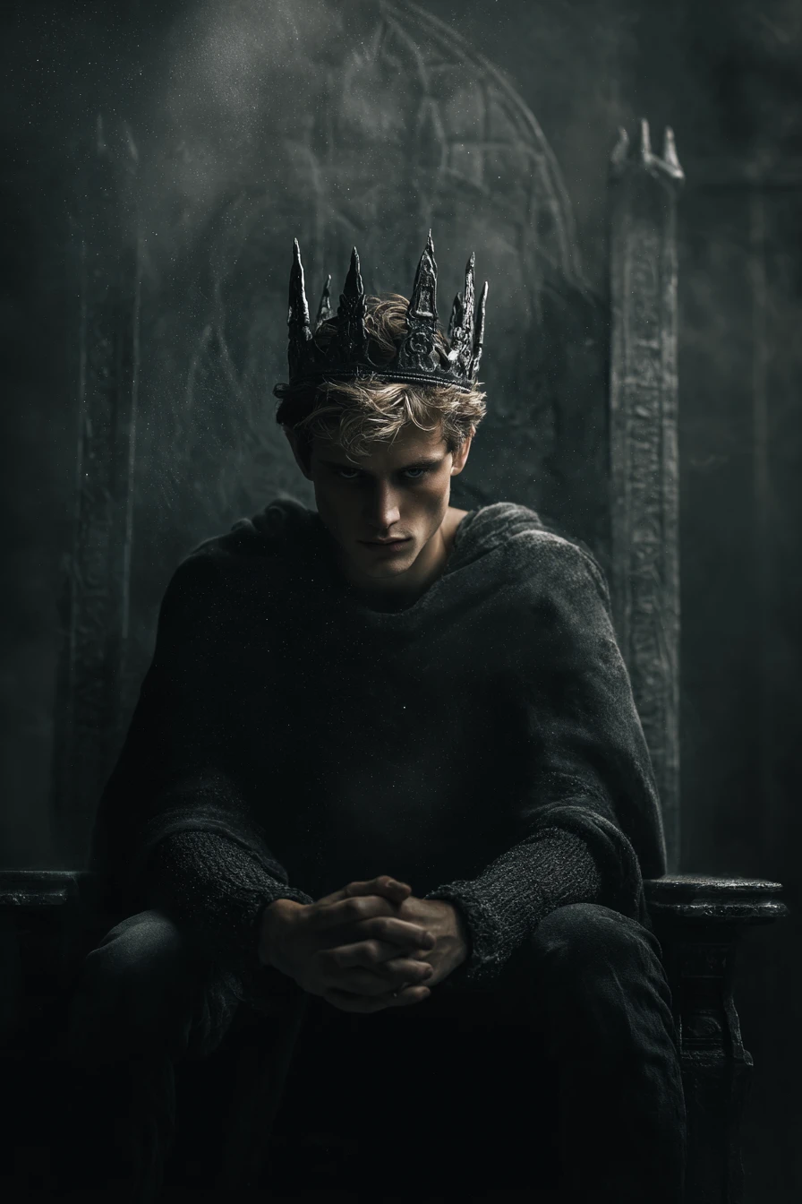 Solemn medieval king on an obsidian throne in moonlight