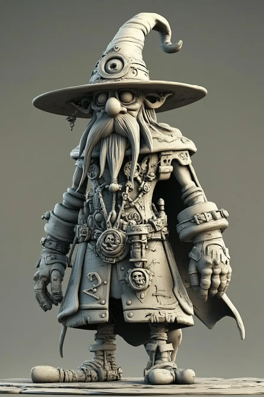 Tall goofy wizard in ornate gown and magic staff