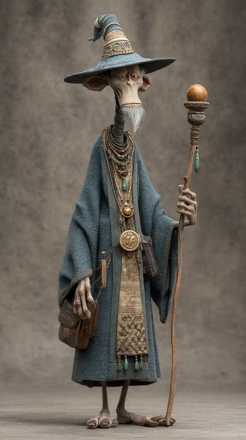 Goofy tall wizard in detailed 3D fantasy style