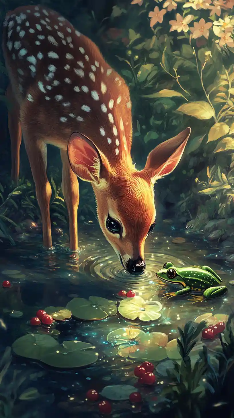 Cute fawn drinks from forest pond under magical glowing light