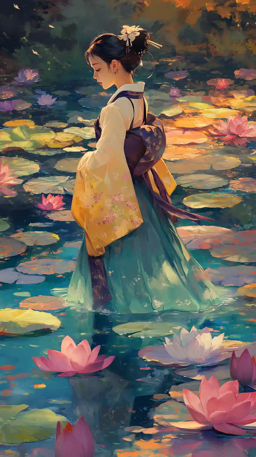 Jovem mulher em hanbok coreano caminhando por um lago de lótus