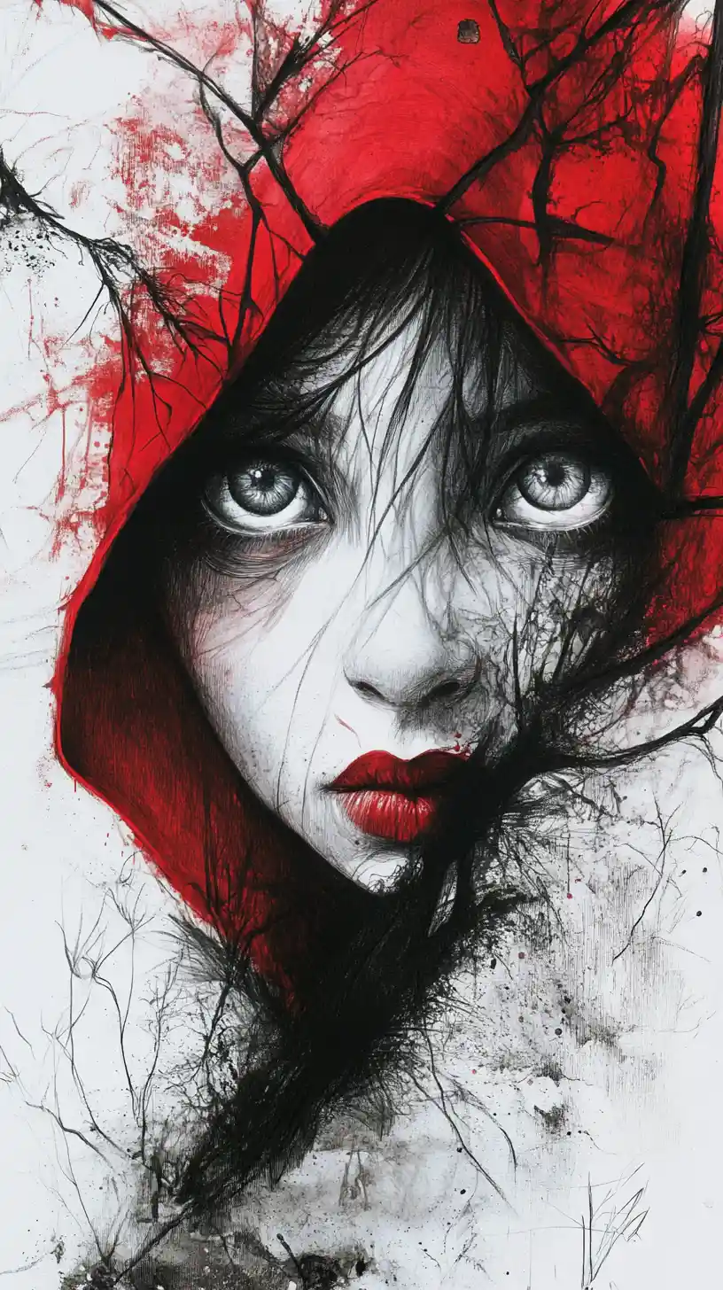 Surreal red riding hood girl with hypnotic charcoal eyes