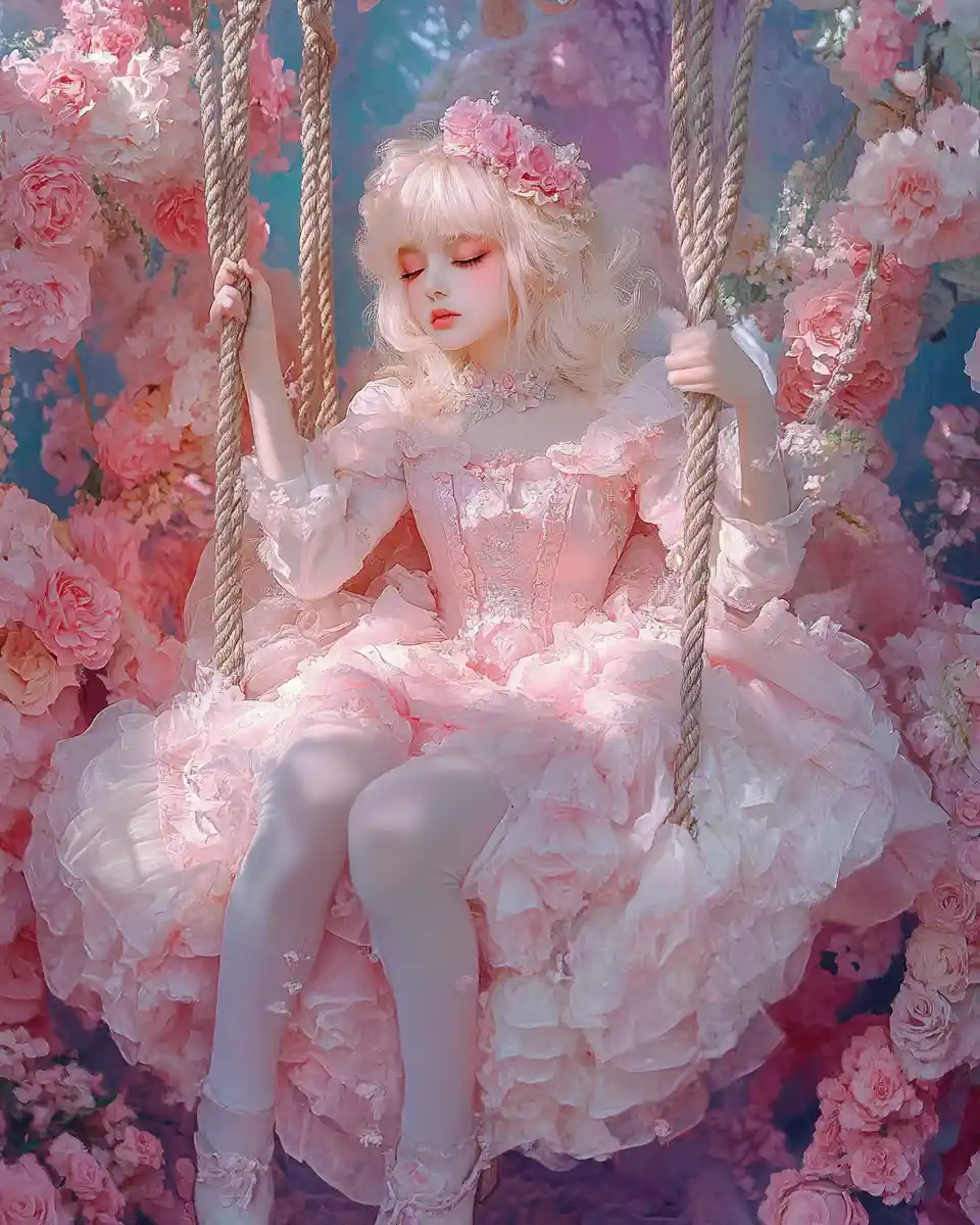 Whimsical fantasy girl on floral swing in pastel garden