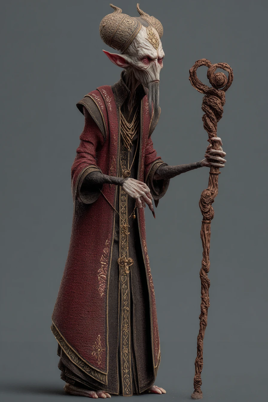 Dark wizard in gold trimmed gown with twisted staff