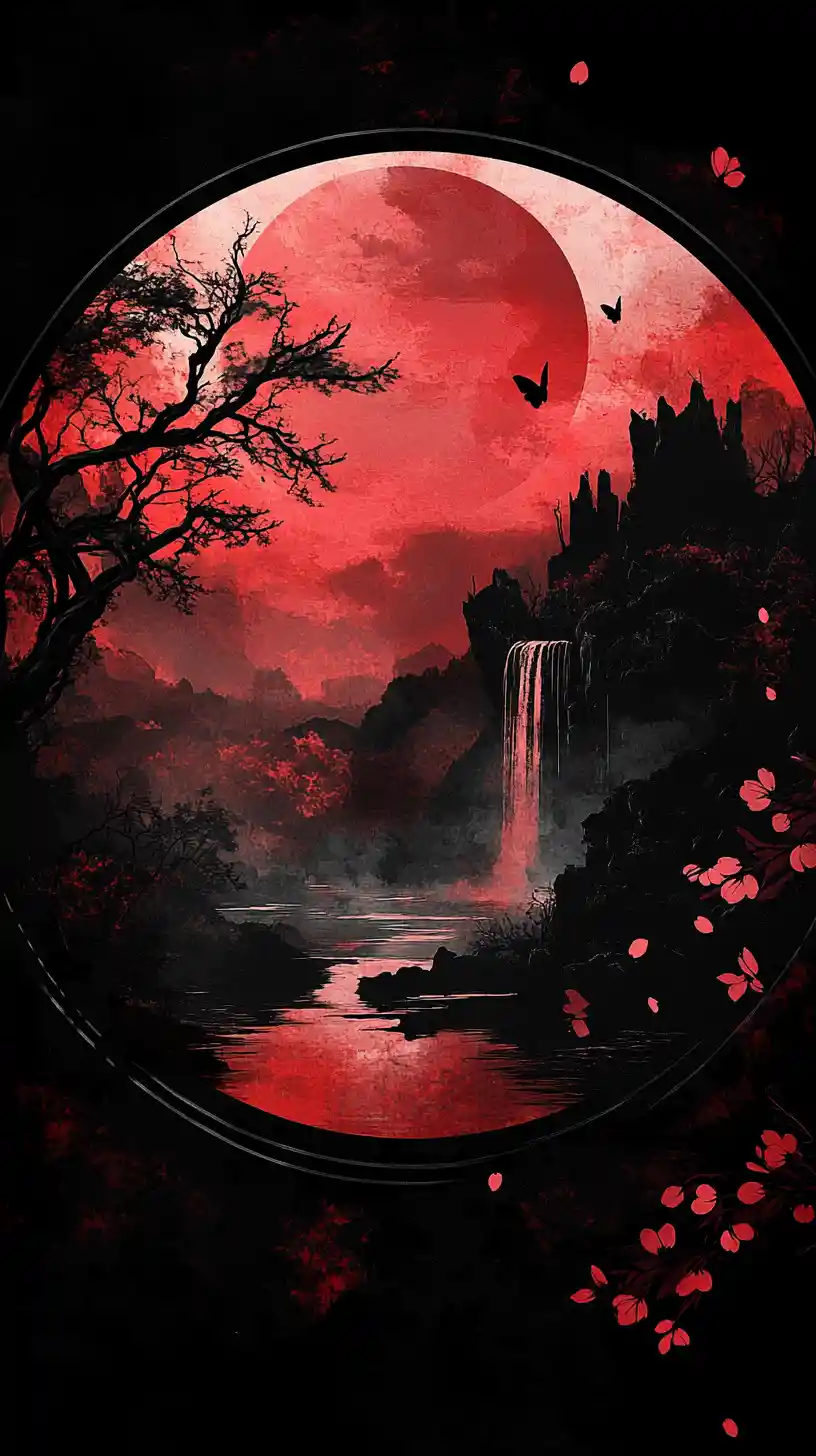 Dunkle Fantasy-Landschaft im runden Tuschpinsel-Rahmen