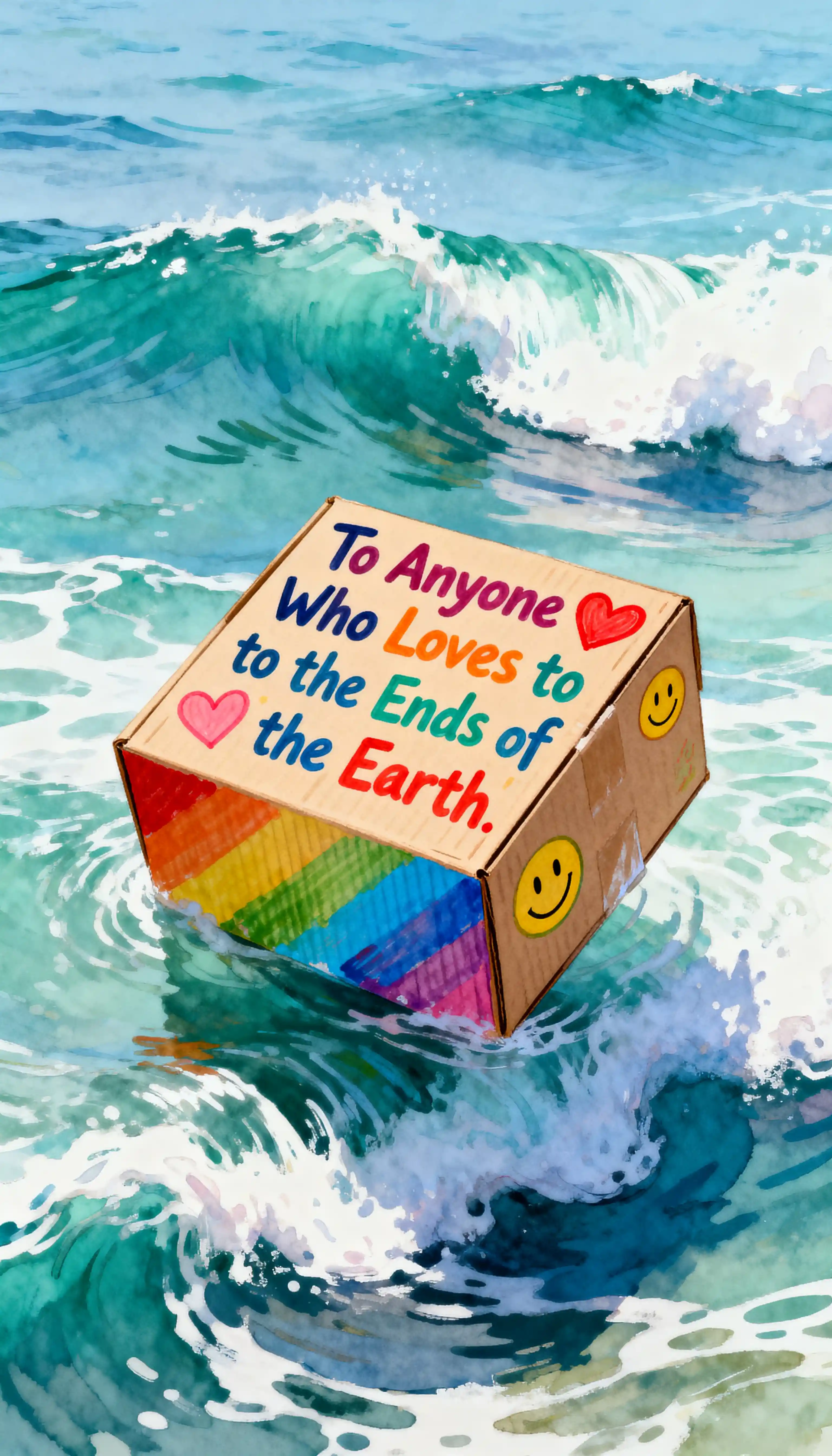 Colorful cardboard box floating alone across gentle ocean waves