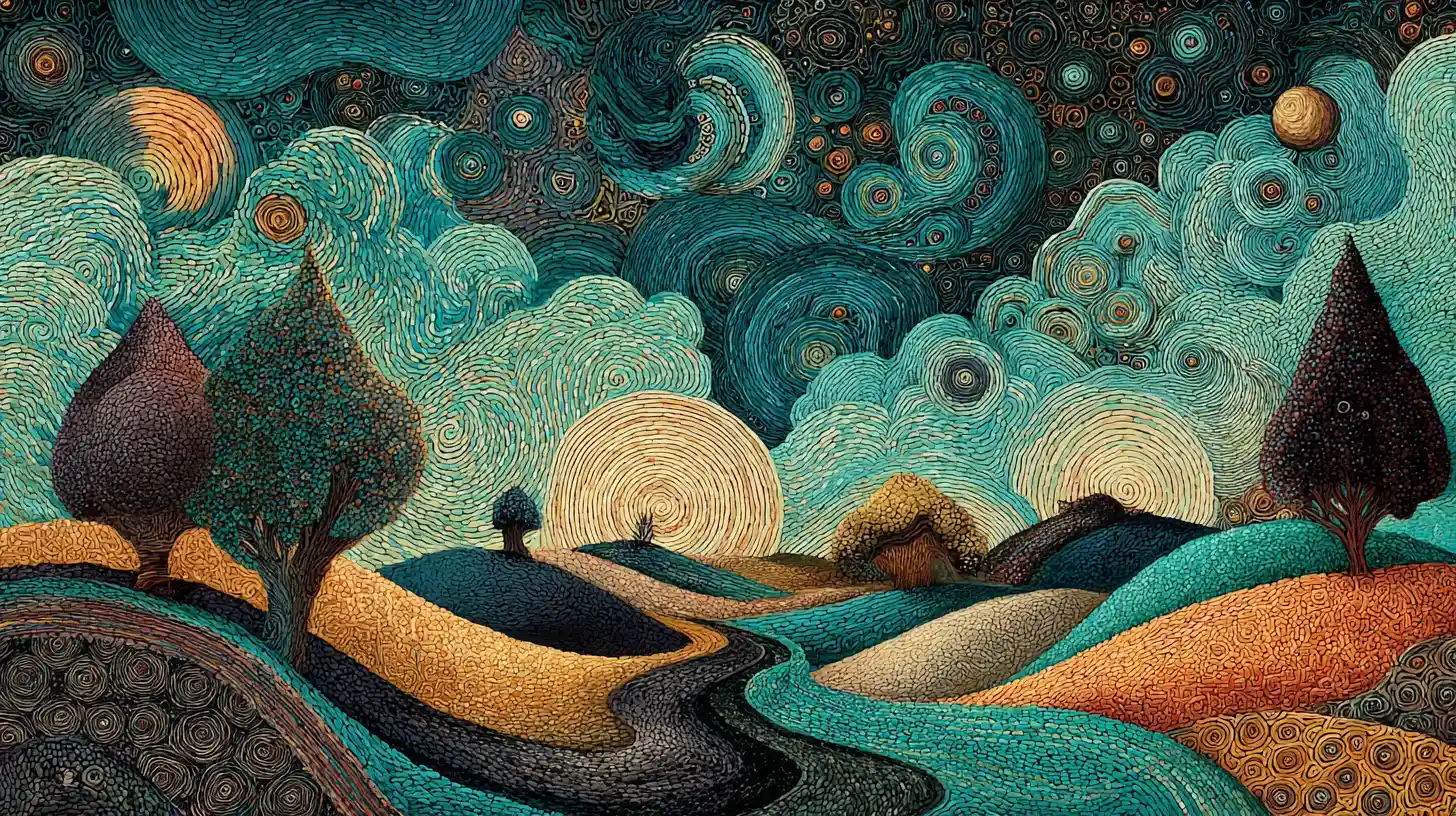Surreal dreamlike landscape with swirling vibrant patterns