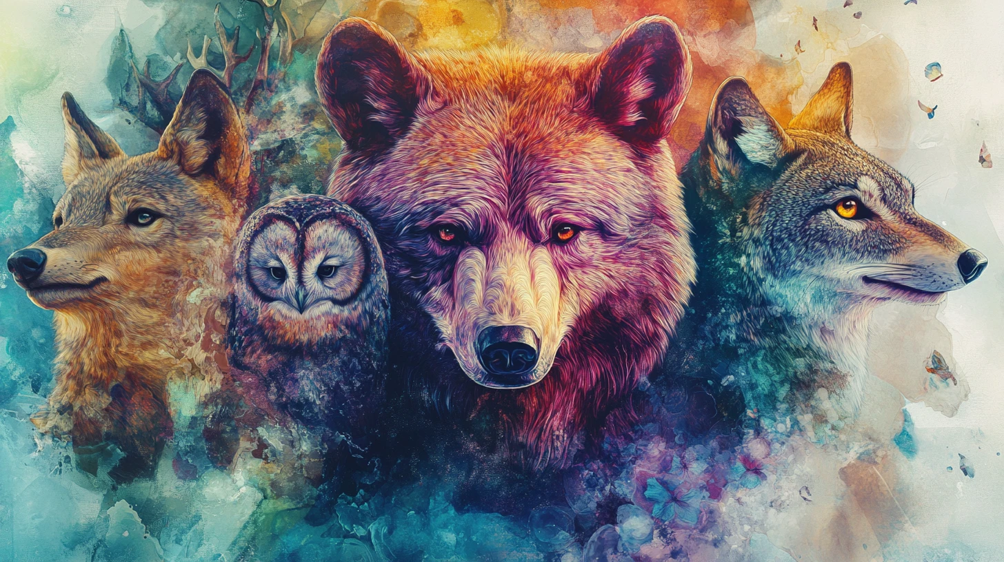 Double exposure wildlife painting with bear wolf owl and deer